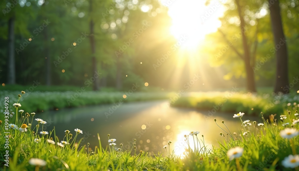 Fototapeta premium Sunlight streams through green trees onto a calm pond. White flowers grow in rich grass beside the water. Gentle light reflects on the tranquil lake surface, creating a peaceful outdoor scene.