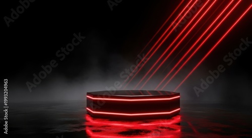 Futuristic dark stage with hexagonal red neon podium and laser beams for gaming or technology display