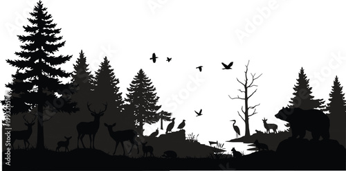 Forest landscape with animals and trees in silhouette against white background at sunset or sunrise