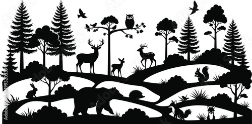 Black silhouette of forest scene with deer birds trees and animals on hills