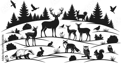 Black and white silhouette of forest animals on hills with trees and birds in flight wildlife scene