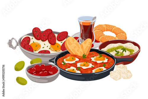 Traditional turkish food breakfast with fried egg, sausage, strawberry jam, fresh bread and tea. Delicious morning meal illustration in cartoon.