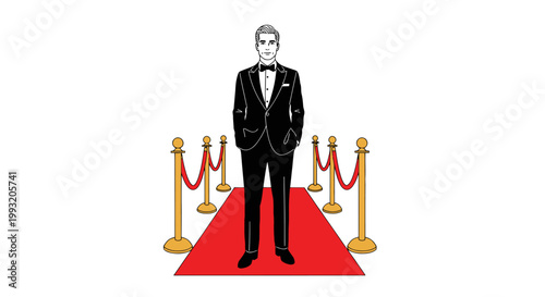 Man in black tuxedo standing alone.