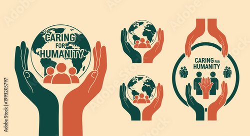 Hands holding earth with people.