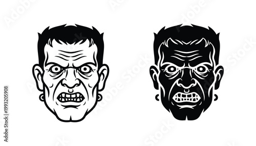 Grumpy monster face character icon in dual vector styles featuring sharp teeth and furrowed brows for gaming mascots or cartoon illustrations requiring a bold and aggressive visual aesthetic design