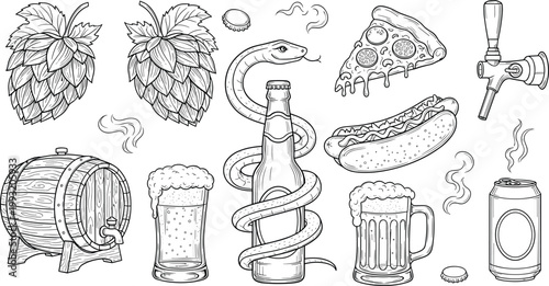 Beer and Pub Food Doodle Illustration Set Featuring Beer Glasses, Hops, Pizza, Hot Dog, Barrel, and Drinking Elements Collection