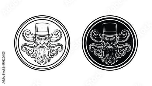 Octopus man with top hat portrait icon set in circular frame for nautical and vintage character design