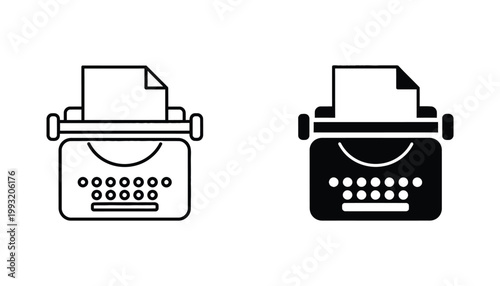 Vintage typewriter icon with paper sheet representing writing journalism and classic office communication as a professional vector graphic for storytelling and publishing projects