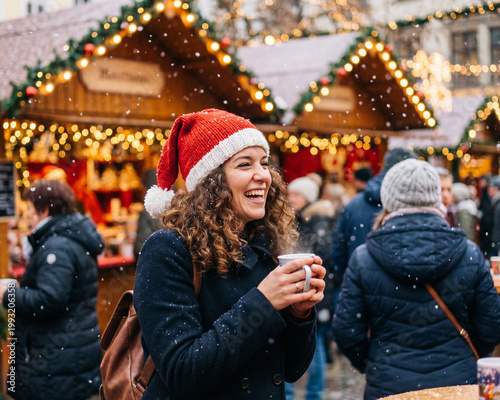Beautiful woman wearing a red Santa's hat, happy and smiling woman, Christmas festive time