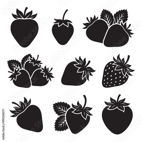 black and white vector silhouette set of strawberry