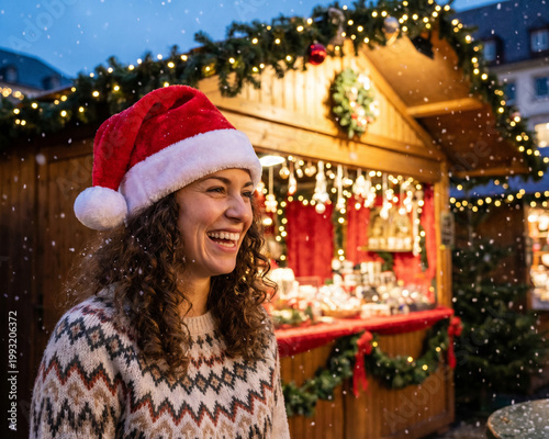Beautiful woman wearing a red Santa's hat, happy and smiling woman, Christmas festive time