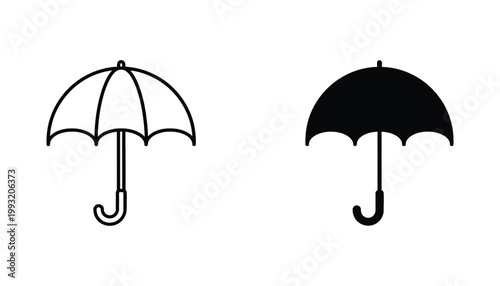 Open umbrella weather protection icon set in simple linear and solid black glyph design for climate forecast and rainy day interface elements