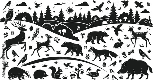 Black and white forest landscape with various wildlife and trees in a natural setting with hills and mountains