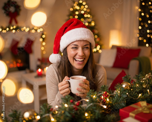 Beautiful woman wearing a red Santa's hat, happy and smiling woman, Christmas festive time