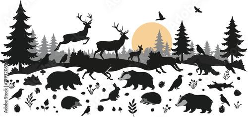 Wildlife scene with silhouetted animals in forest at sunset or sunrise with trees and plants