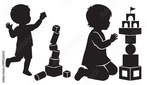 Children playing with toy blocks silhouette, toddler boy and girl building towers with wooden bricks, nursery and preschool education vector