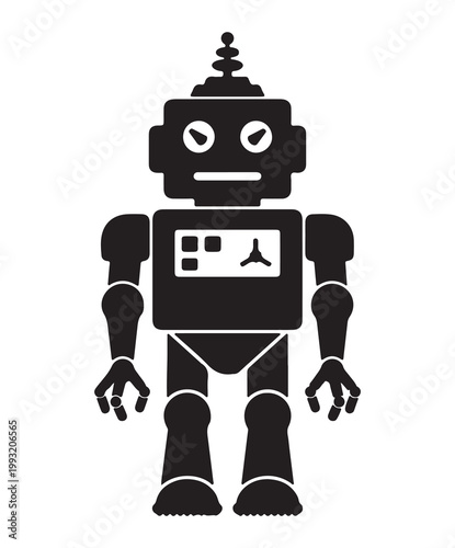 Vintage retro robot vector silhouette, classic tin toy android icon, black mechanical cyborg character on white background for tech branding