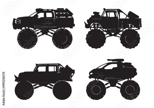 Monster truck silhouette collection, set of 4 off-road vehicle vectors, heavy duty 4x4 big rig trucks with oversized tires for extreme racing graphics