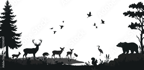 Silhouette of forest animals including deer bear and birds in a natural landscape with trees and a body of water
