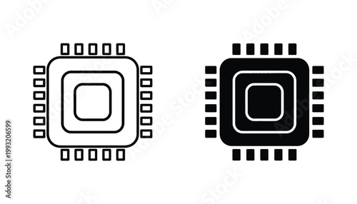 Microchip processor computer component icon set in flat linear and solid black glyph format for technical hardware and computing concepts