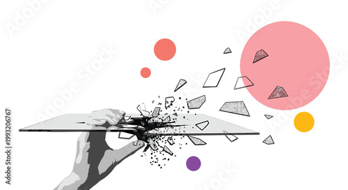 Shattered glass, broken fragments, hand, abstract, explosion, destruction, vector illustration