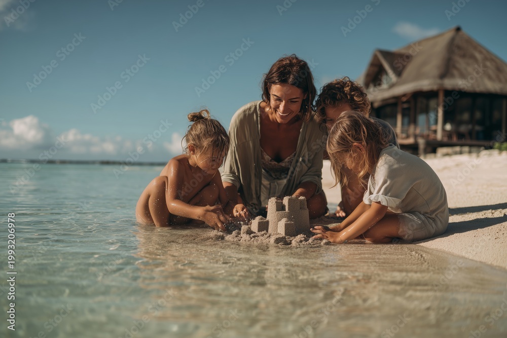 Obraz premium Happy Family Building a Sandcastle on a Tropical Beach Shoreline