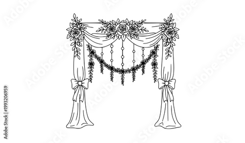 Cute Wedding Arch Line Art with Flowers and Ribbon Black and White Marriage Ceremony Clipart Vector