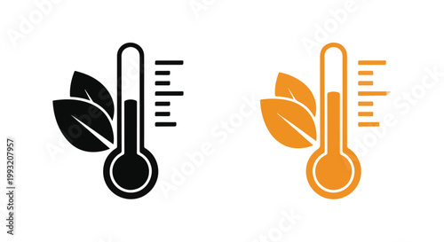 Close-up of two digital thermometers with leaf icons representing temperature and eco-friendly concepts in different
