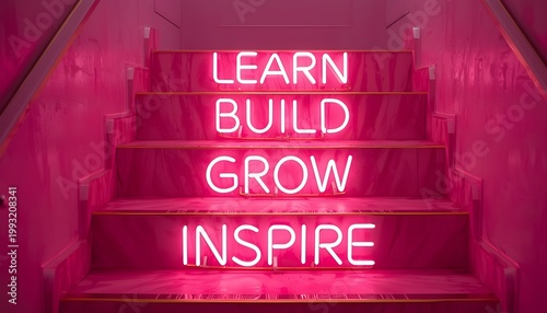 A vibrant pink staircase with neon signs promoting motivation and growth