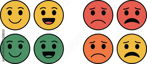 Colorful emoticon faces illustration contrasting happy and sad expressions, diverse emotional moods, psychological feedback concept, and symbolic design elements
