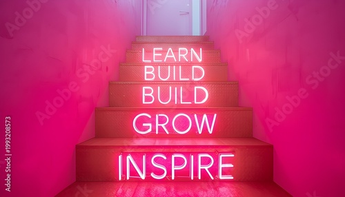 A staircase with neon lights on the steps leading up to a door with inspirational words