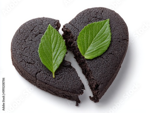 A Dark Chocolate Cookie Shaped Like A Broken Heart Decorated With Two Fresh Green Leaves On A White Background With Studio Lighting