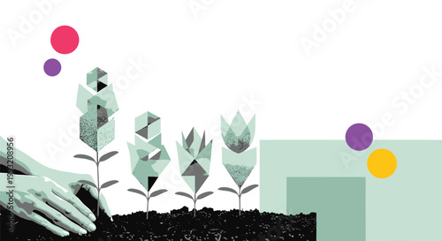 Eco friendly growth, green plants, hand nurturing, colorful geometric shapes, modern illustration