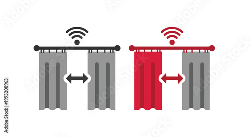 Illustration of adjustable curtains with remote control operation and color options for home decor or interior design