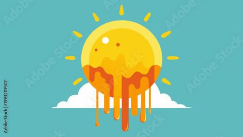 Melting sun illustration with orange drips on a cloud