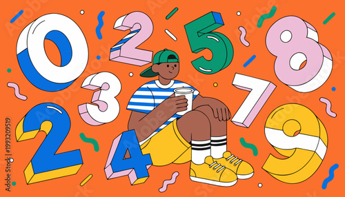 Young man sitting with a drink surrounded by floating colorful numbers