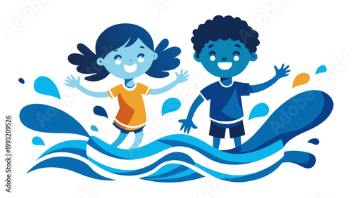 Two happy children playing in water with a joyful splash around them smiling and waving their hands in excitement on a sunny day outdoors