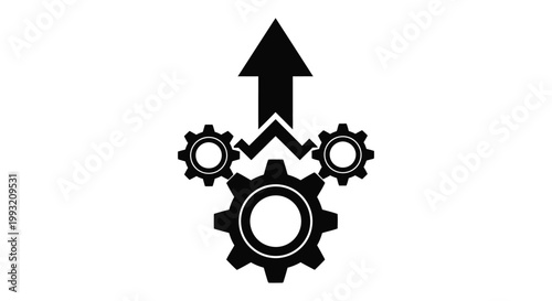 Simple black vector graphic design showing mechanical gears driving an upward arrow for business growth progress