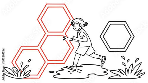 Young girl running through a puddle beside large hexagons