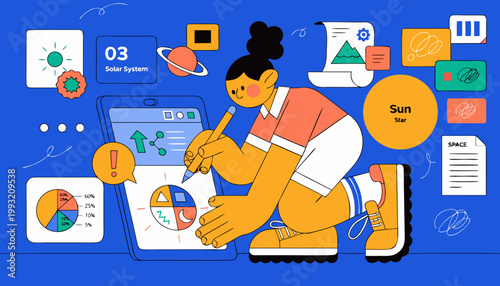 Young girl analyzing data on a large tablet with colorful charts and graphs around her