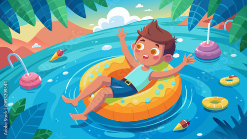 Young boy enjoying summer fun on an inflatable swim ring in a pool
