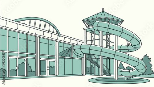 Large building with a water slide and a tower beside it for recreational purposes and enjoyment
