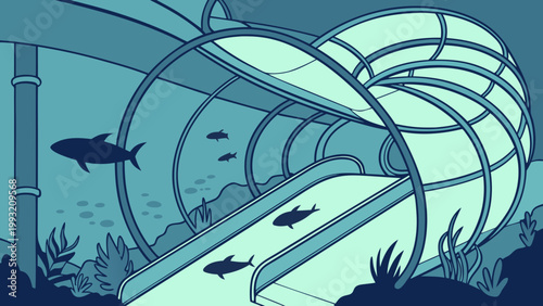 Futuristic underwater tunnel with fish swimming through it illustration