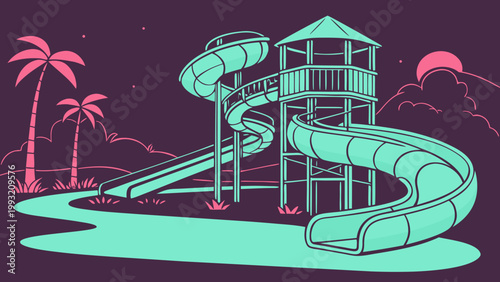 A vibrant water park playground with a large slide and tower amidst tropical palm trees under a dark purple night sky with clouds and a rising sun