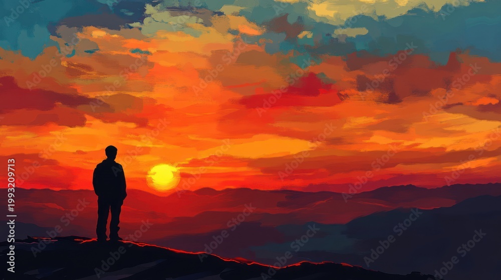 Obraz premium Silhouette of a person standing on a mountaintop at sunset, vibrant colors.
