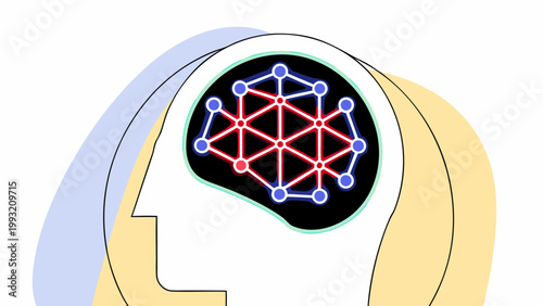Brain with neural network connections shown in a human head profile illustration