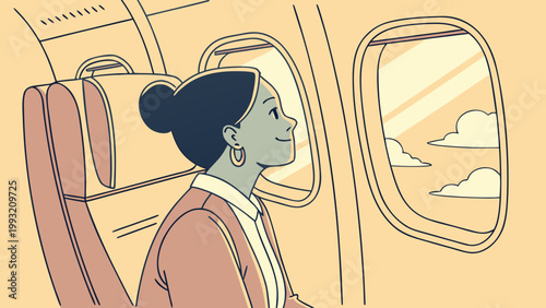 Woman looking out airplane window at clouds with a smile on her face during a flight journey feeling relaxed and happy