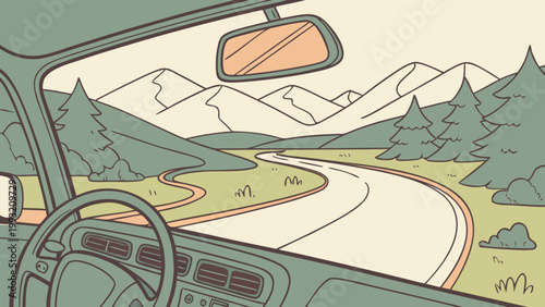 A scenic road winding through a picturesque landscape with mountains and trees viewed from inside a car