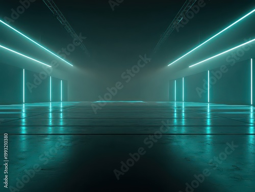 3D Render Of An Empty Dark Stage Illuminated By Rows Of Blue Neon Lights Creating A Futuristic Tunnel Effect With A Reflective Wet Floor And Atmospheric Haze