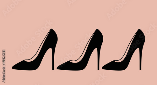 Minimalist illustration of three black high-heel shoes silhouette on pink background